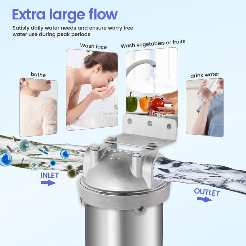 Amwater حاوية فلتر المياه المنزلية من الفولاذ المقاوم للصدأ NSF/ANSI 42، نظام فلتر المياه للرواسب بحجم 10" × 2.5" للاستخدام الثقيل، مياه الآبار والمدن، منفذ NPT 1/2"، صمام تصريف نمط A - Image 4